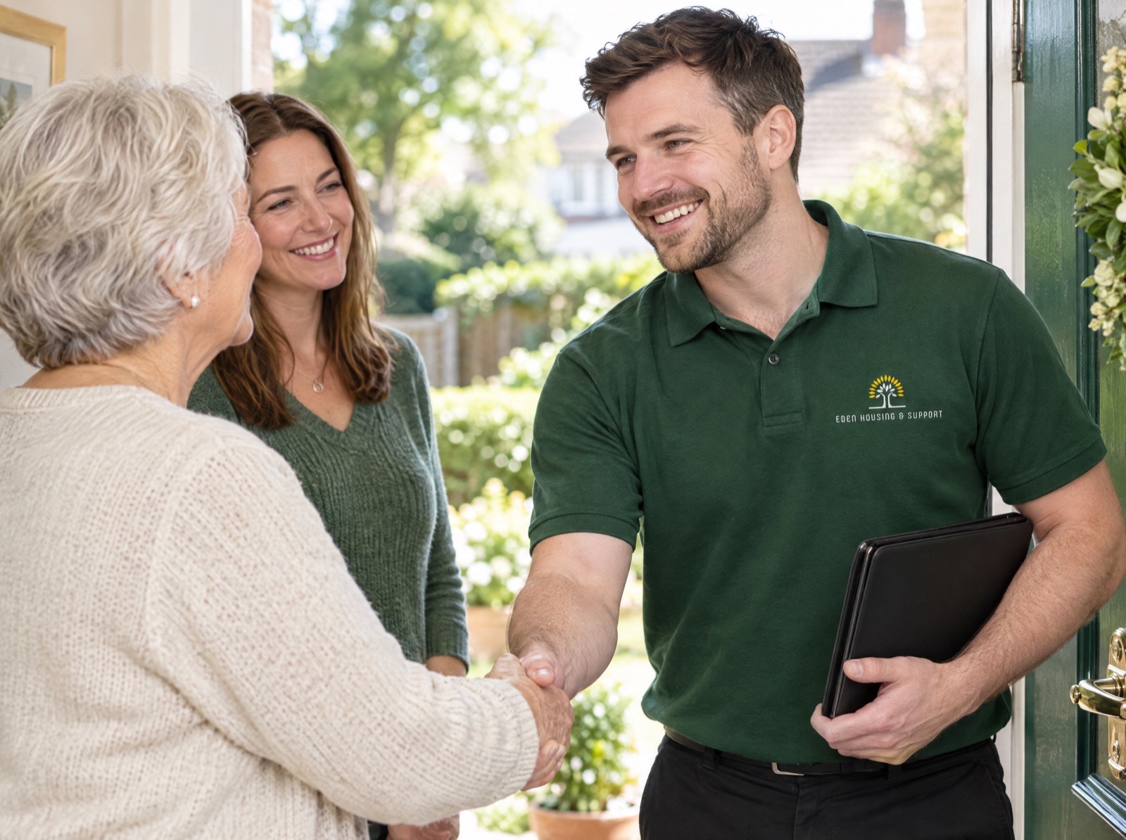 Eden carer greeting a family before a free care assessment in Telford