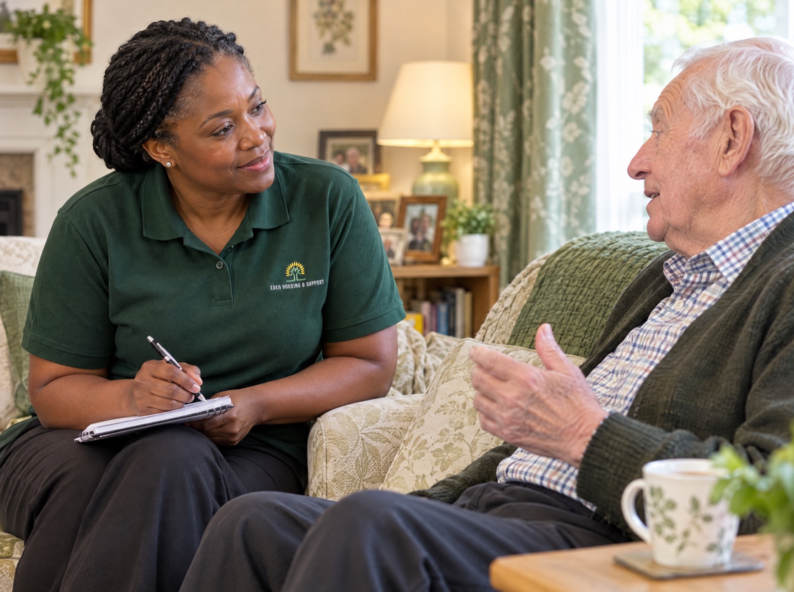 Eden carer listening to an older man during a free care assessment in Shropshire
