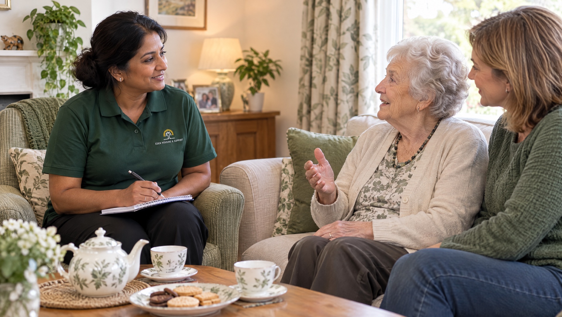 An Eden Housing and Support assessor chatting with an older woman and her daughter during a free home assessment