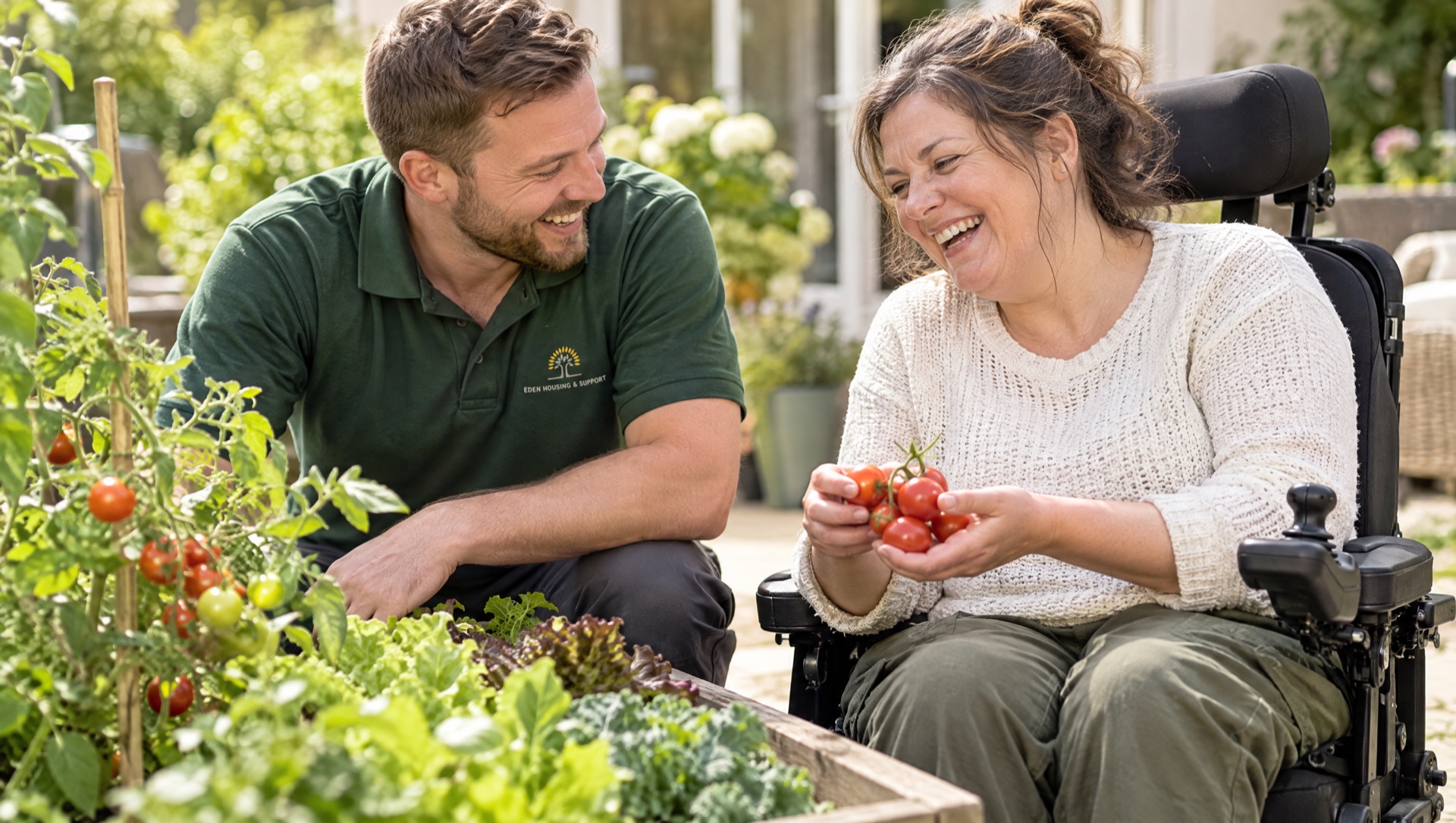 Woman using a wheelchair supported at home by an Eden carer in Telford