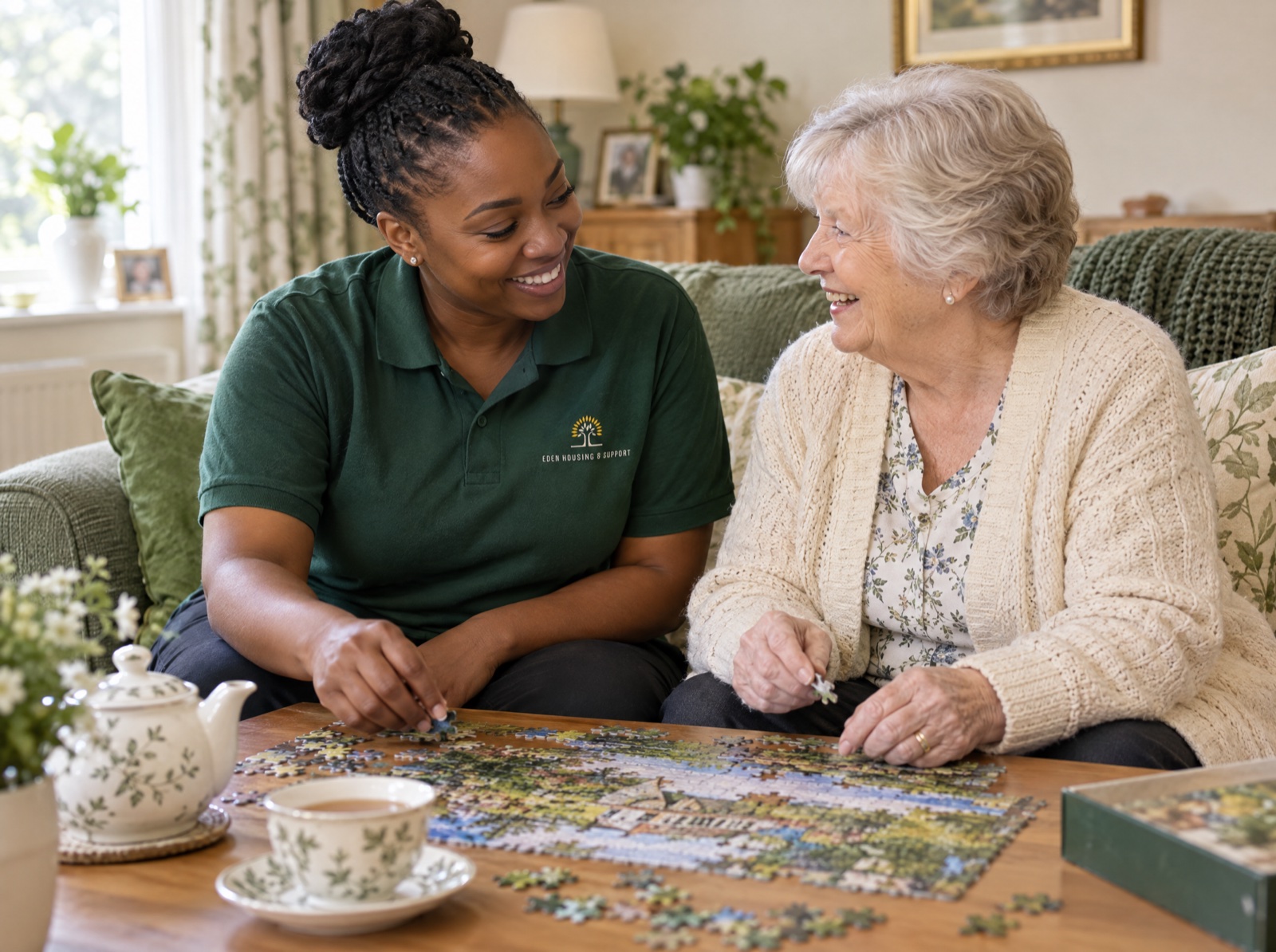 Eden carer doing a jigsaw puzzle with an older woman during a companionship visit in Shropshire