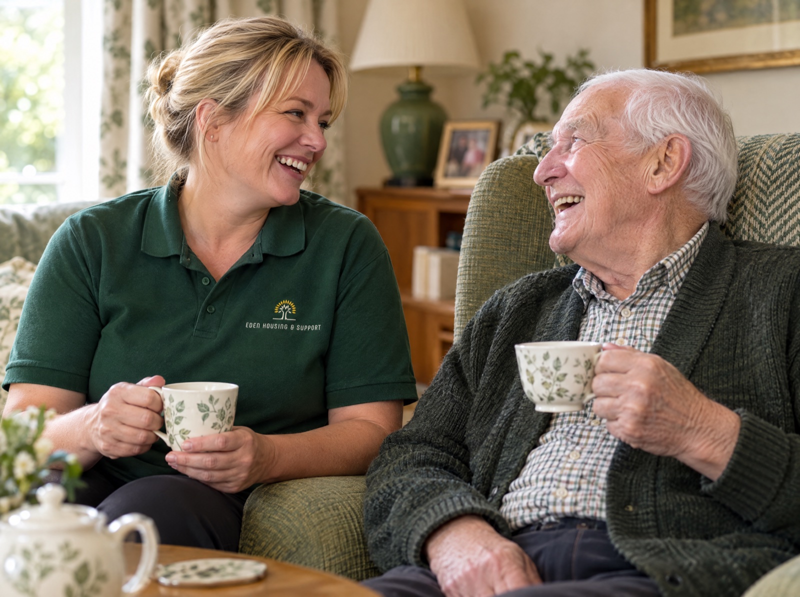 Eden Housing and Support carer with an older man, a CQC rated Good provider in Telford