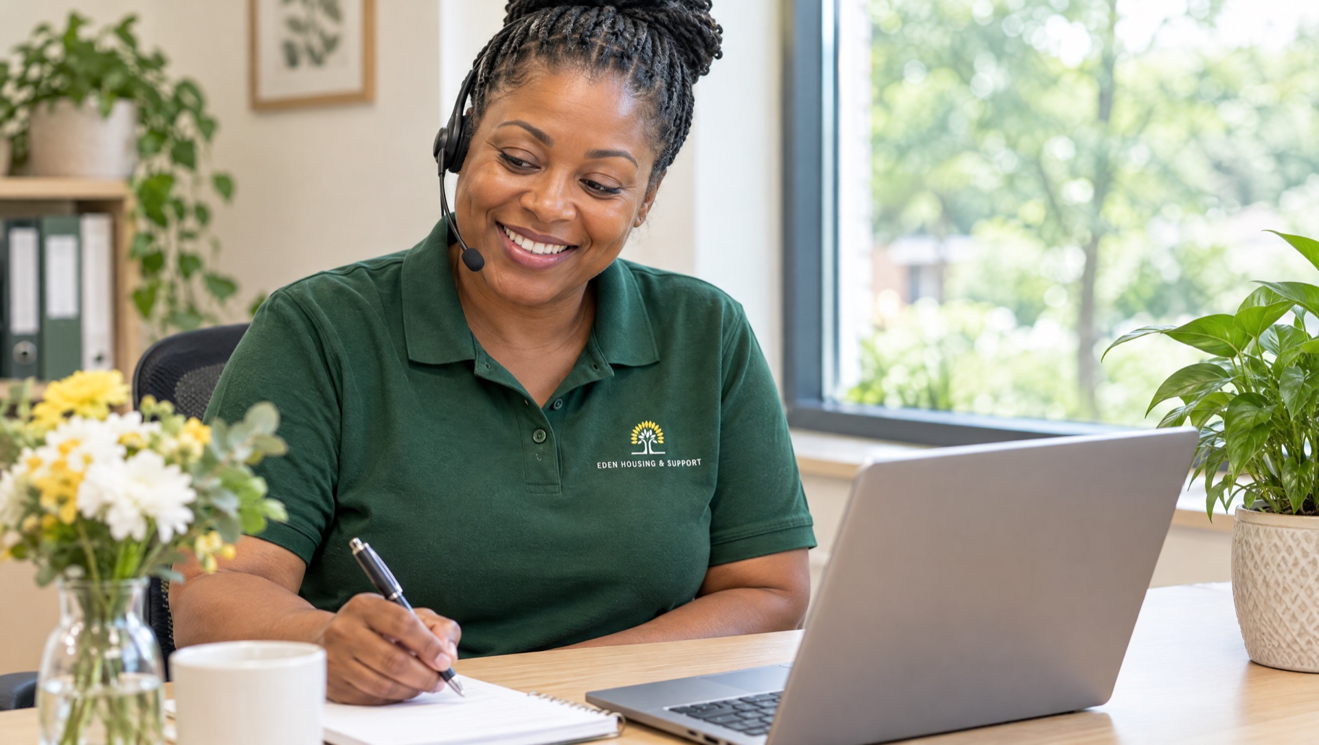 An Eden Housing and Support care coordinator taking a call at the office reception desk