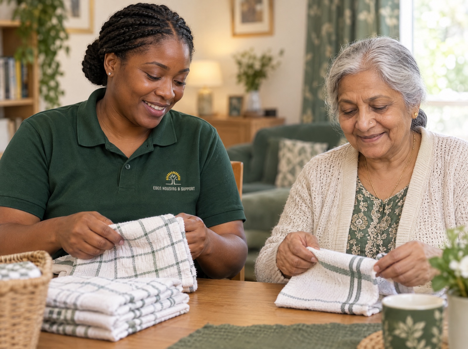 Eden carer supporting an older woman with dementia through a calm familiar activity in Shropshire