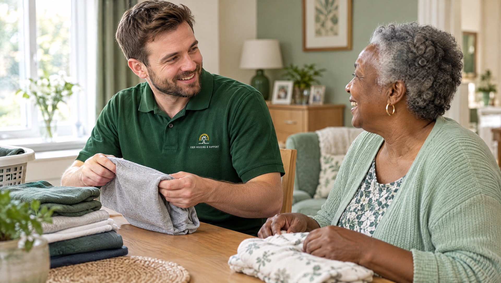 Eden Housing and Support carer helping an older woman with laundry at home in Telford