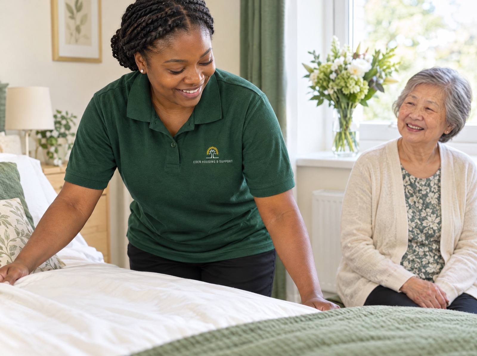 Eden carer changing bed linen during a household support visit in Telford