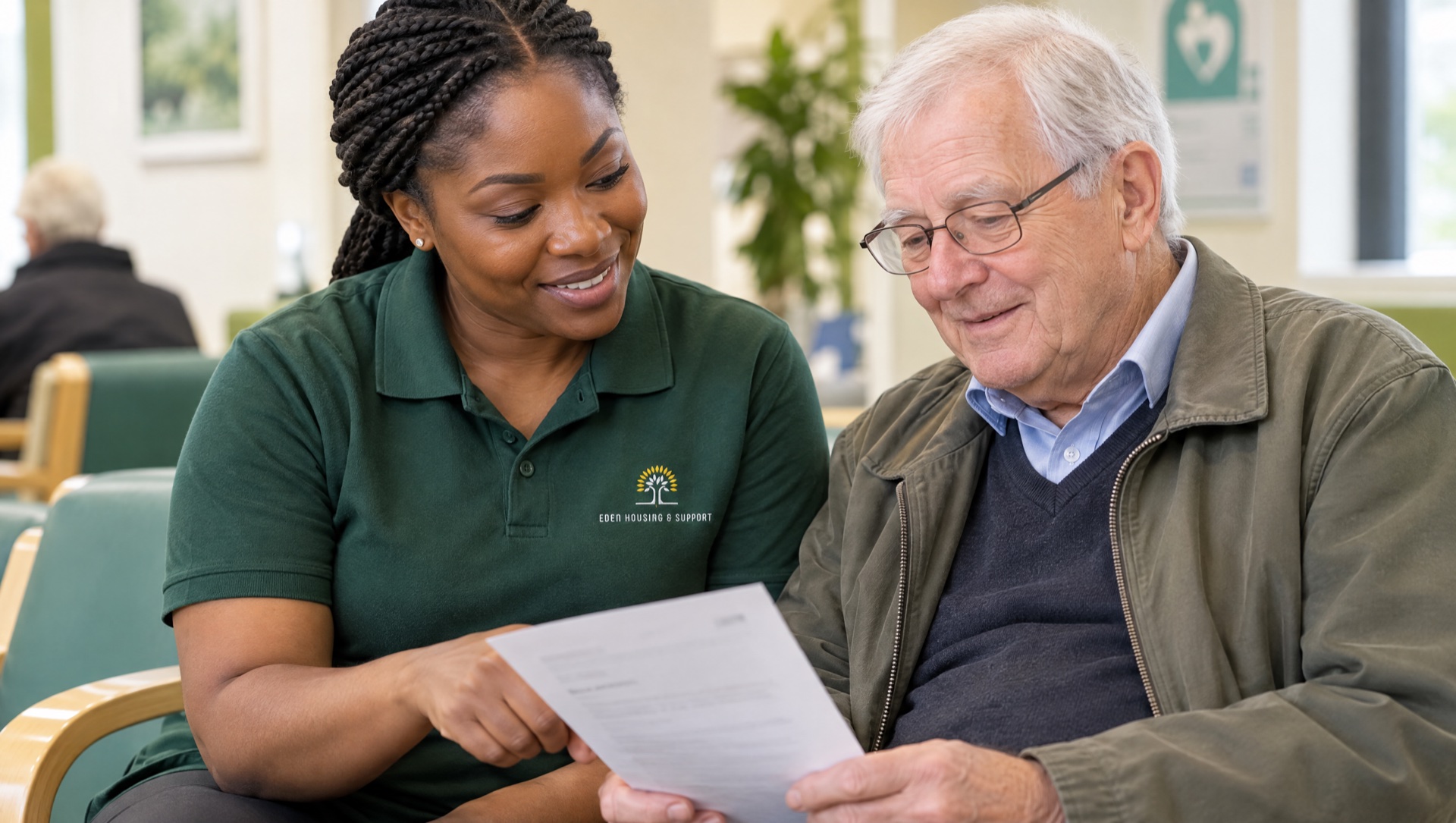 Eden Housing and Support carer accompanying an older man to a hospital appointment in Telford