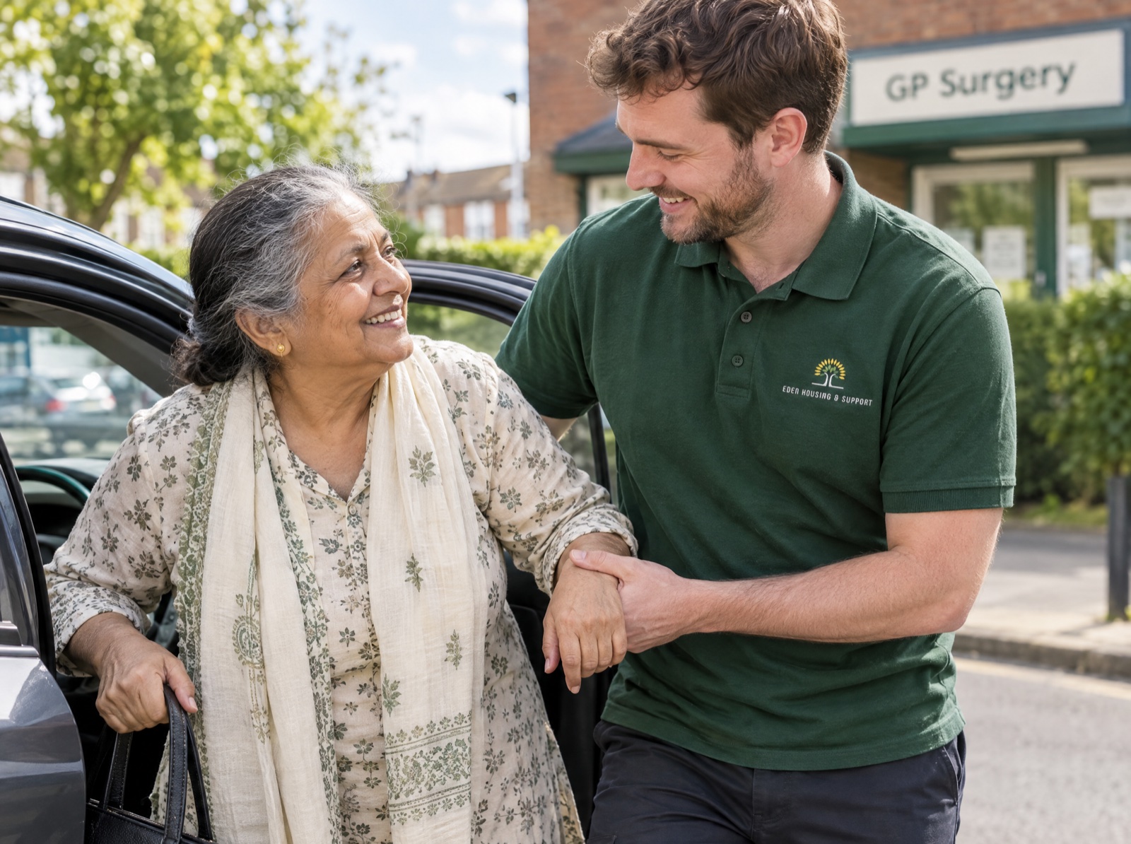 Eden carer helping an older woman arrive at her GP appointment in Shropshire