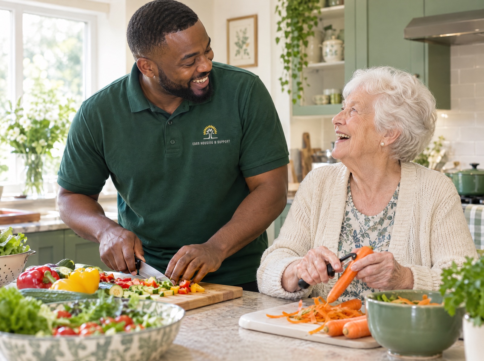 Eden carer preparing a meal with an older woman during a home care visit in Shropshire