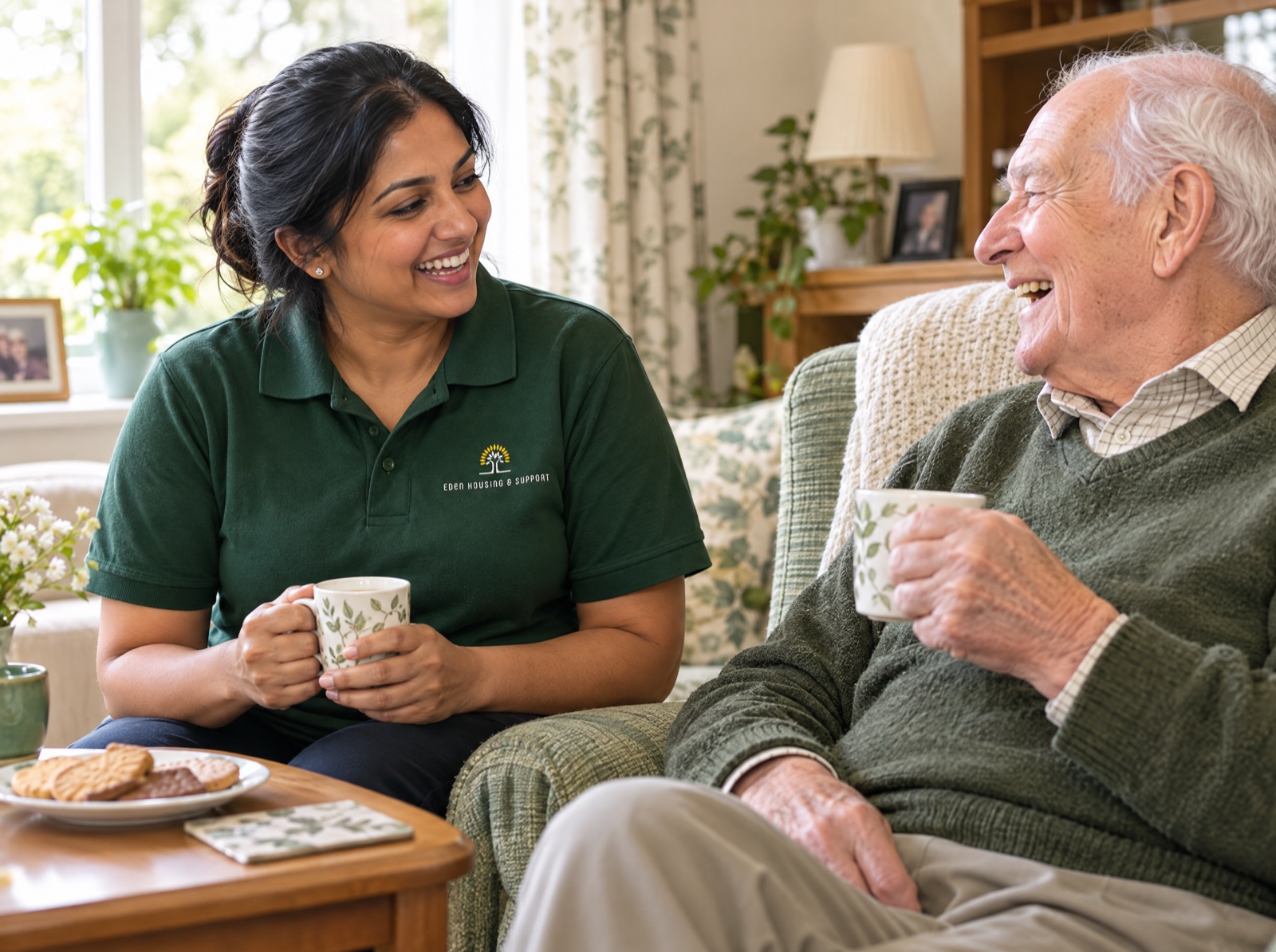 Eden carer enjoying a cup of tea and company with an older man at home in Telford