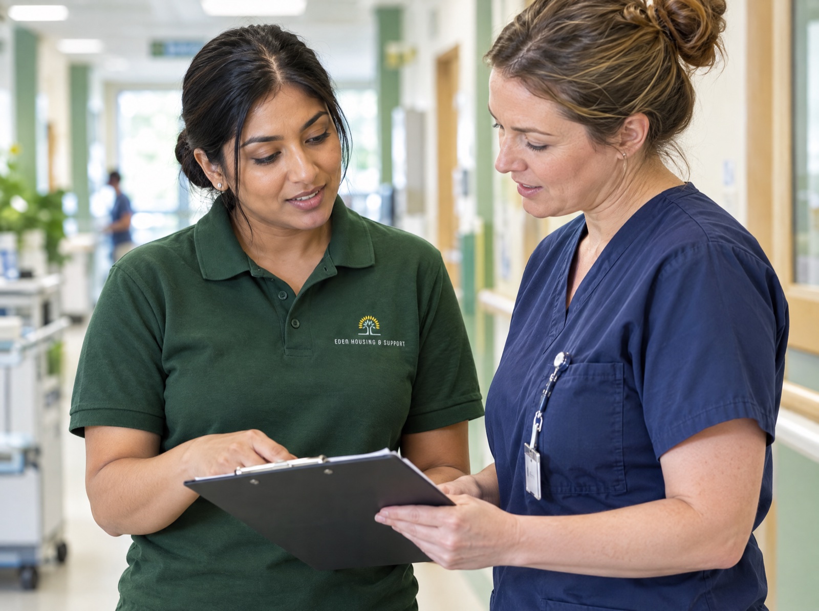 Eden care coordinator planning a safe hospital discharge with ward staff in Telford