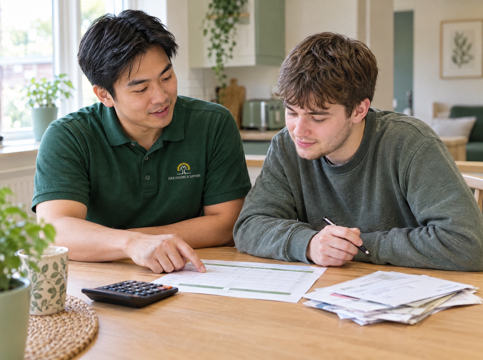 Eden support worker helping a young man manage bills and a budget in Shropshire