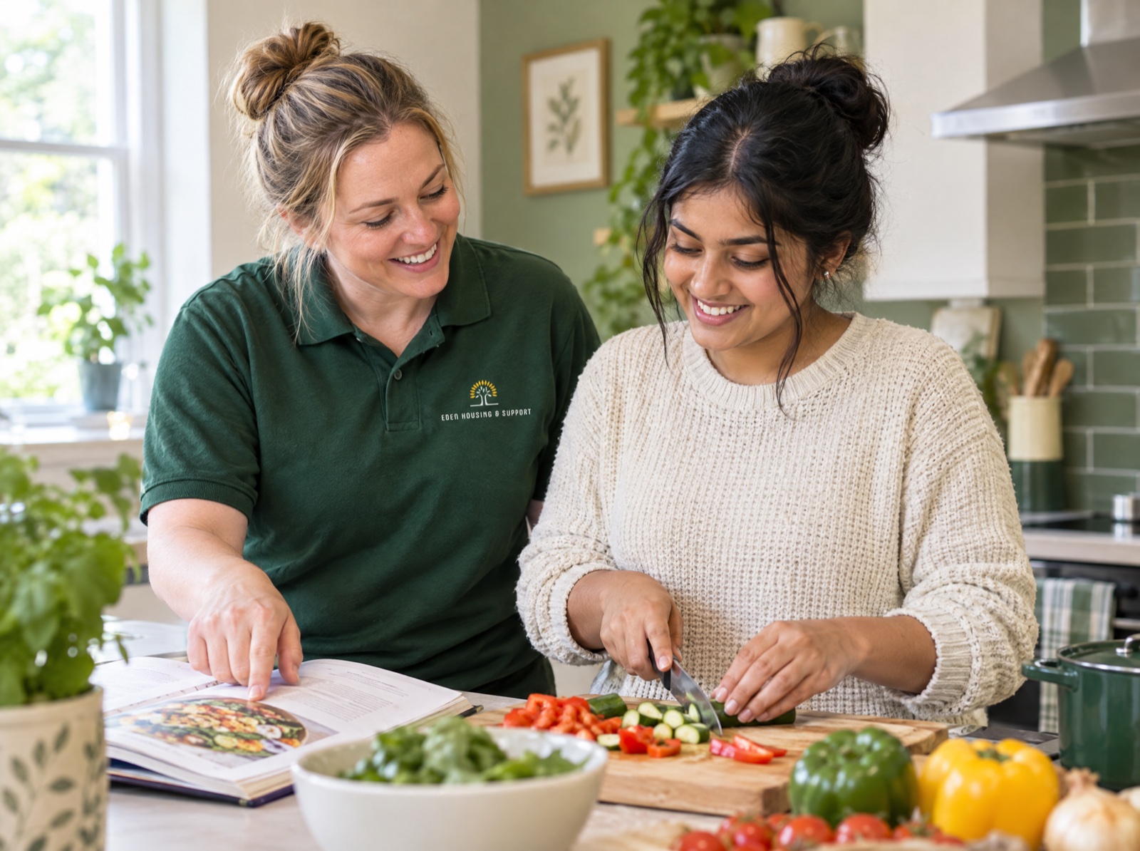 Eden support worker helping a young woman build cooking skills in supported living in Telford