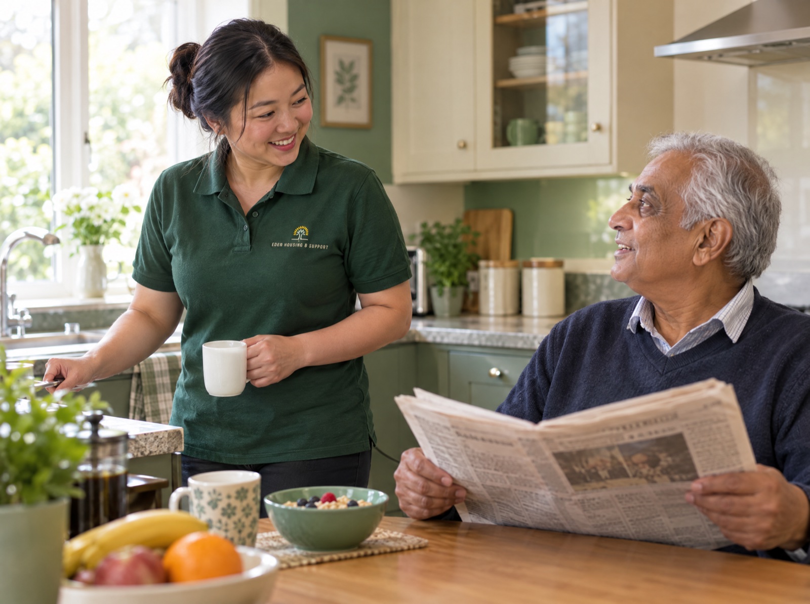 Eden live-in carer making breakfast with an older man at home in Shropshire