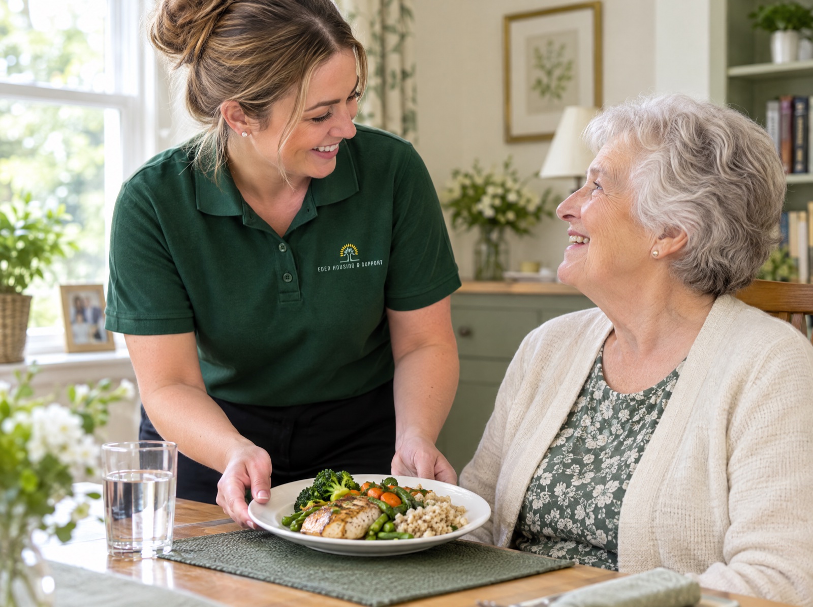 Eden carer serving a nutritious lunch to an older woman during a home visit in Shropshire
