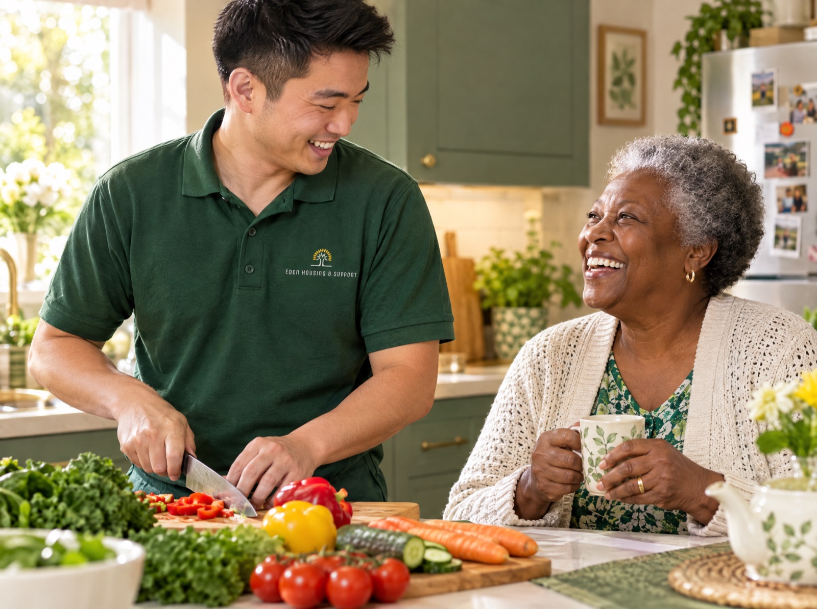Eden carer preparing fresh vegetables with an older woman in her kitchen in Telford