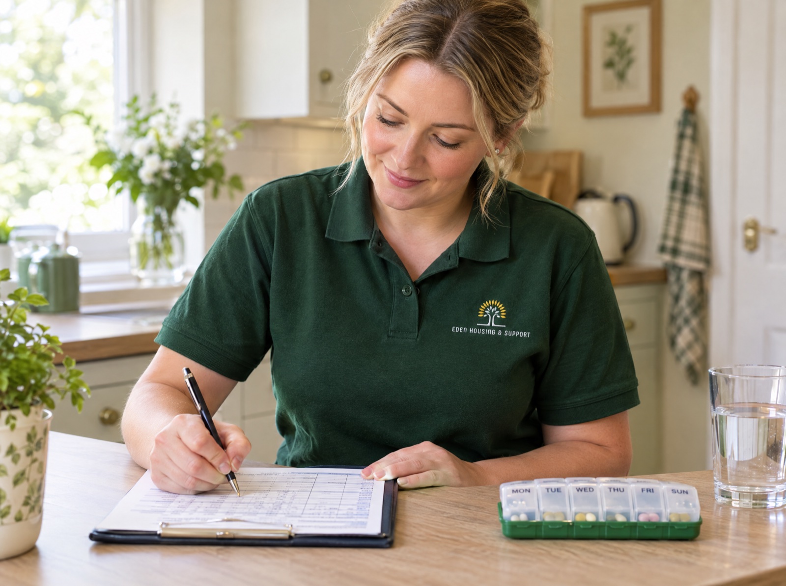 Eden carer recording a dose on a medication chart during a home visit in Shropshire