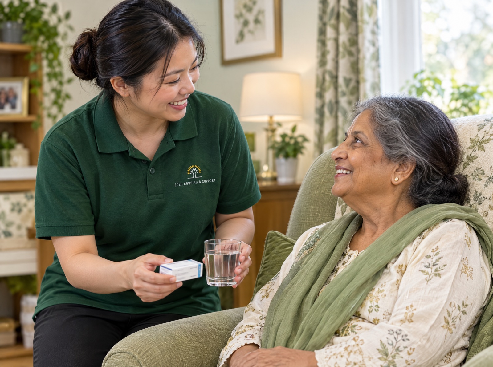 Eden carer helping an older woman take her medicine safely at home in Telford