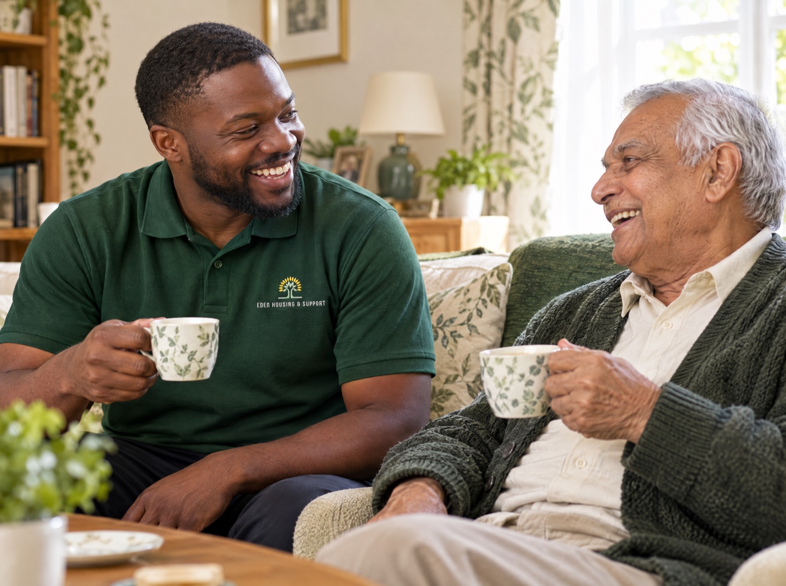 Eden carer sharing a cup of tea with an older man at home in Telford