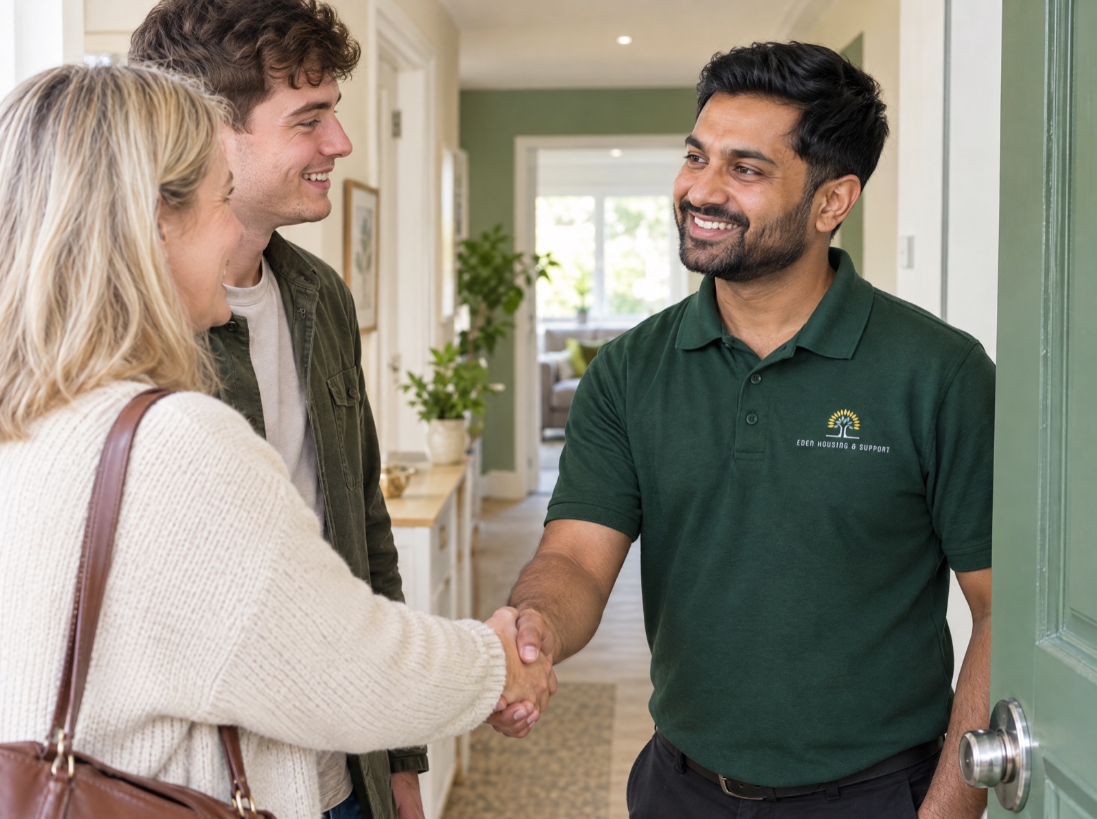 Eden support worker welcoming a family to visit a supported living home in Telford