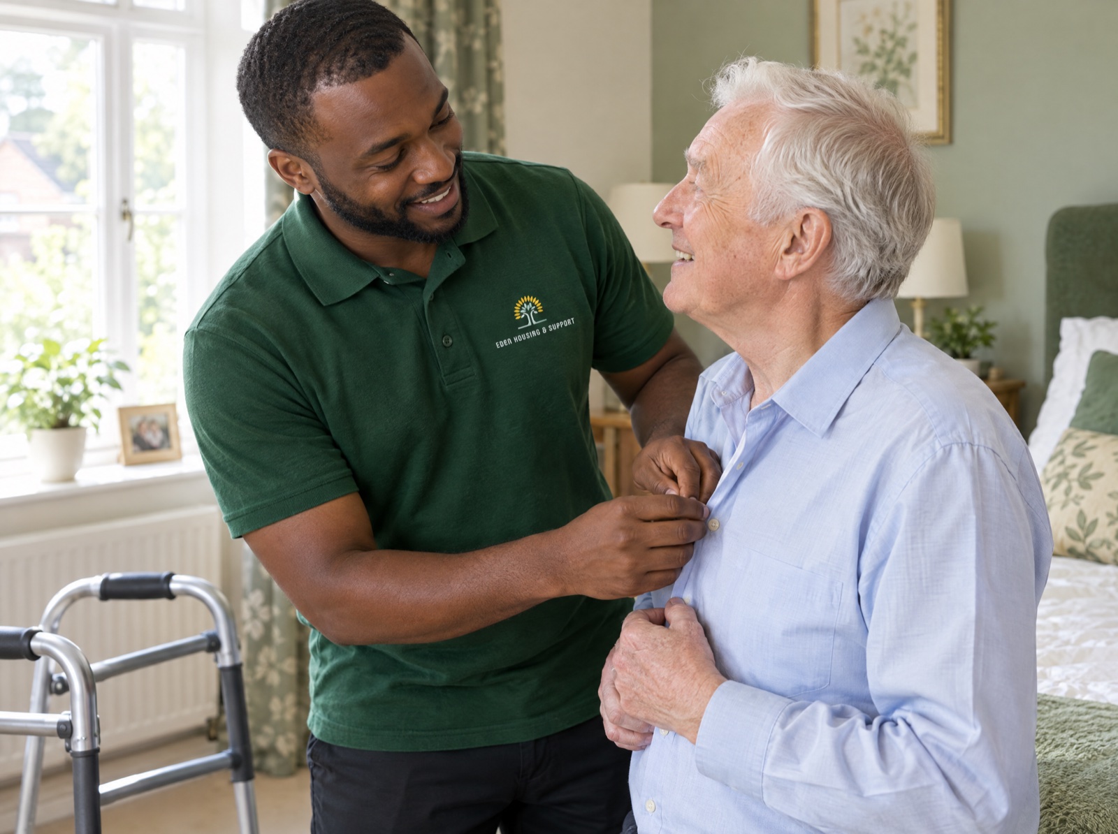 Eden carer helping an older man dress with dignity during a personal care visit in Shropshire