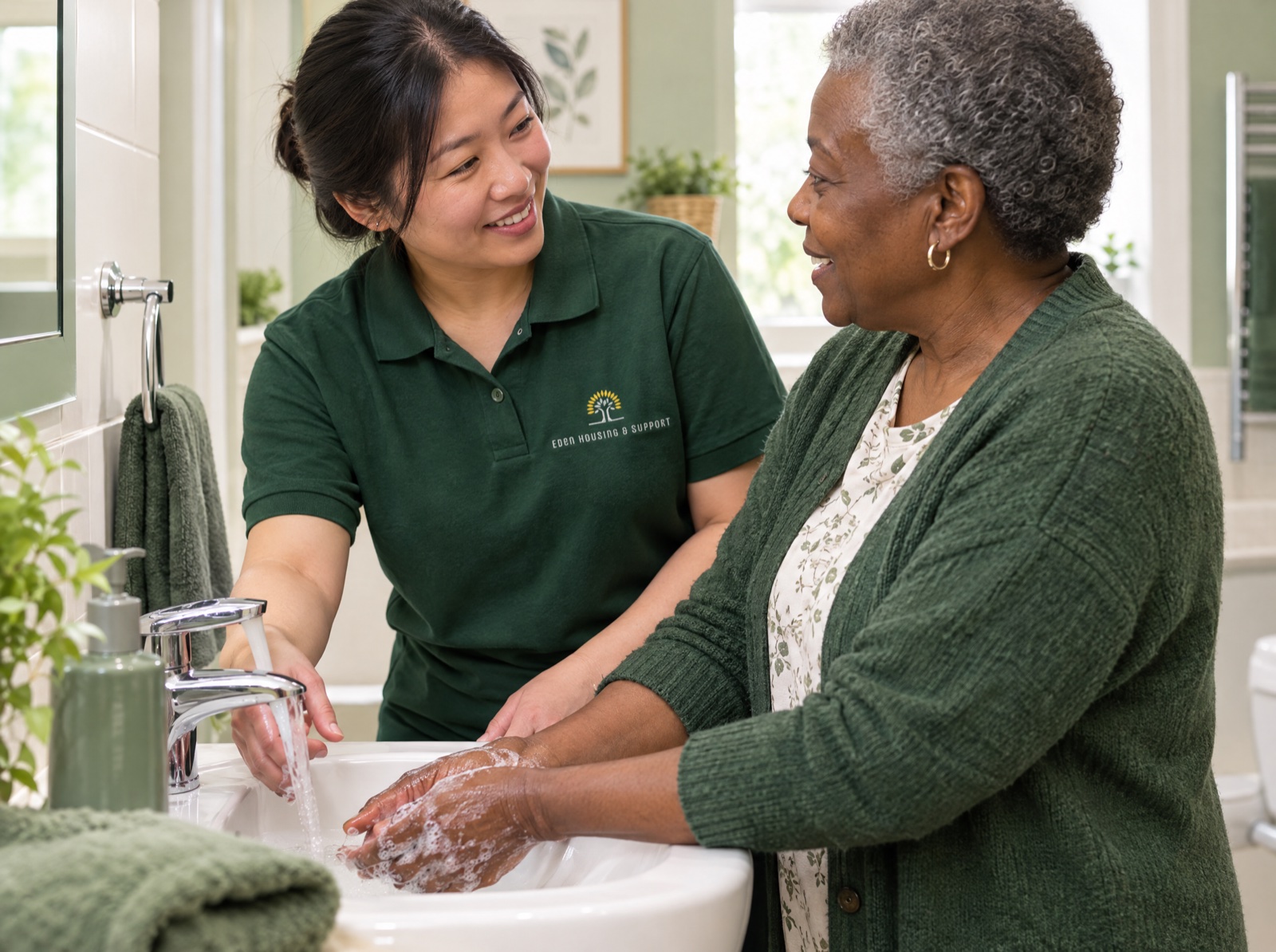 Eden carer supporting an older woman with handwashing during personal care at home in Telford