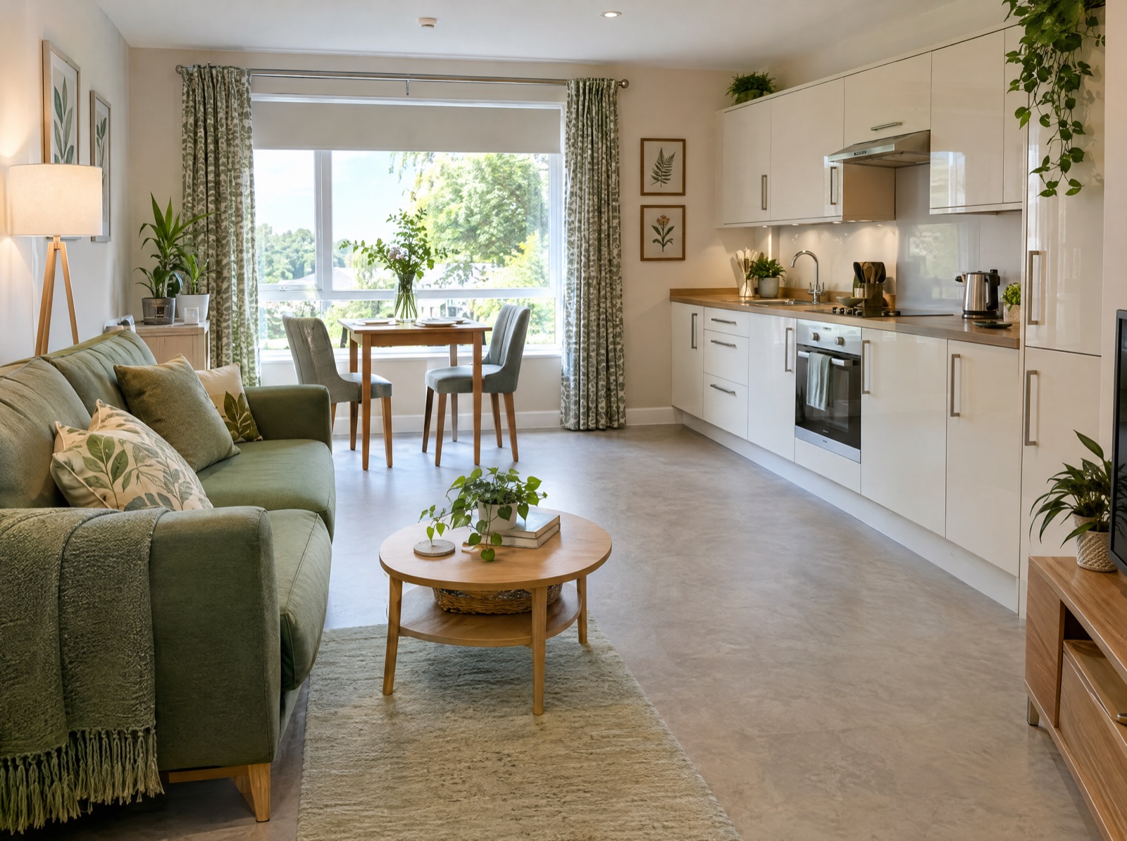 Bright open-plan living area of a self-contained supported living flat in Telford