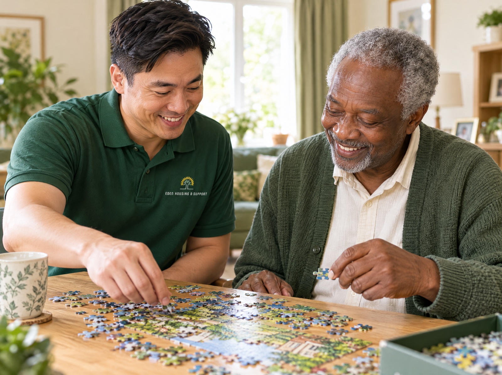 Eden respite carer spending time with an older man during a family carer break in Telford