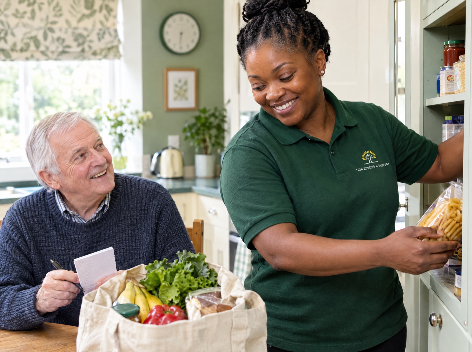 Eden carer putting away shopping for an older man during a home visit in Shropshire