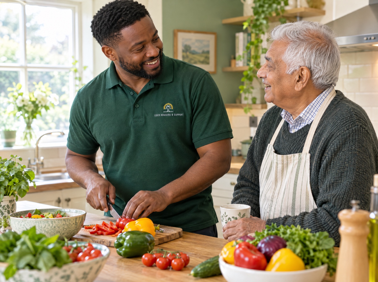 Eden carer preparing a meal with an older man at home in Shropshire