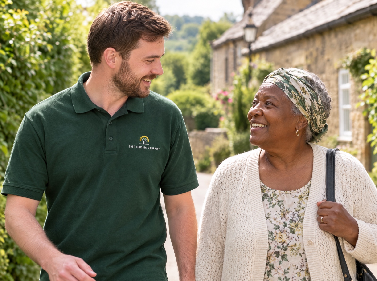 Eden carer out for a walk with an older woman in a Shropshire village