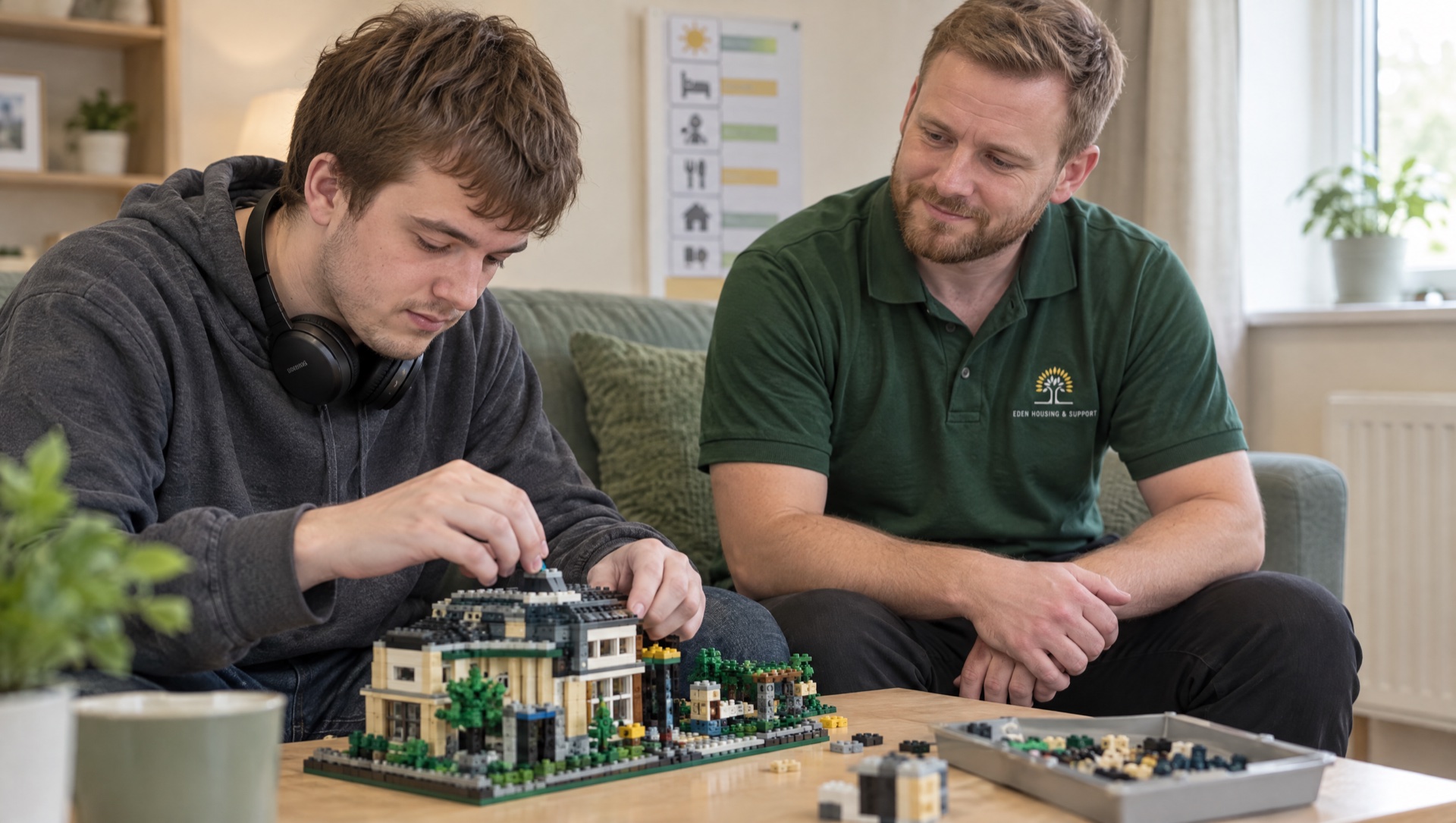 Autistic man working on his model railway in a calm Eden supported living home in Telford
