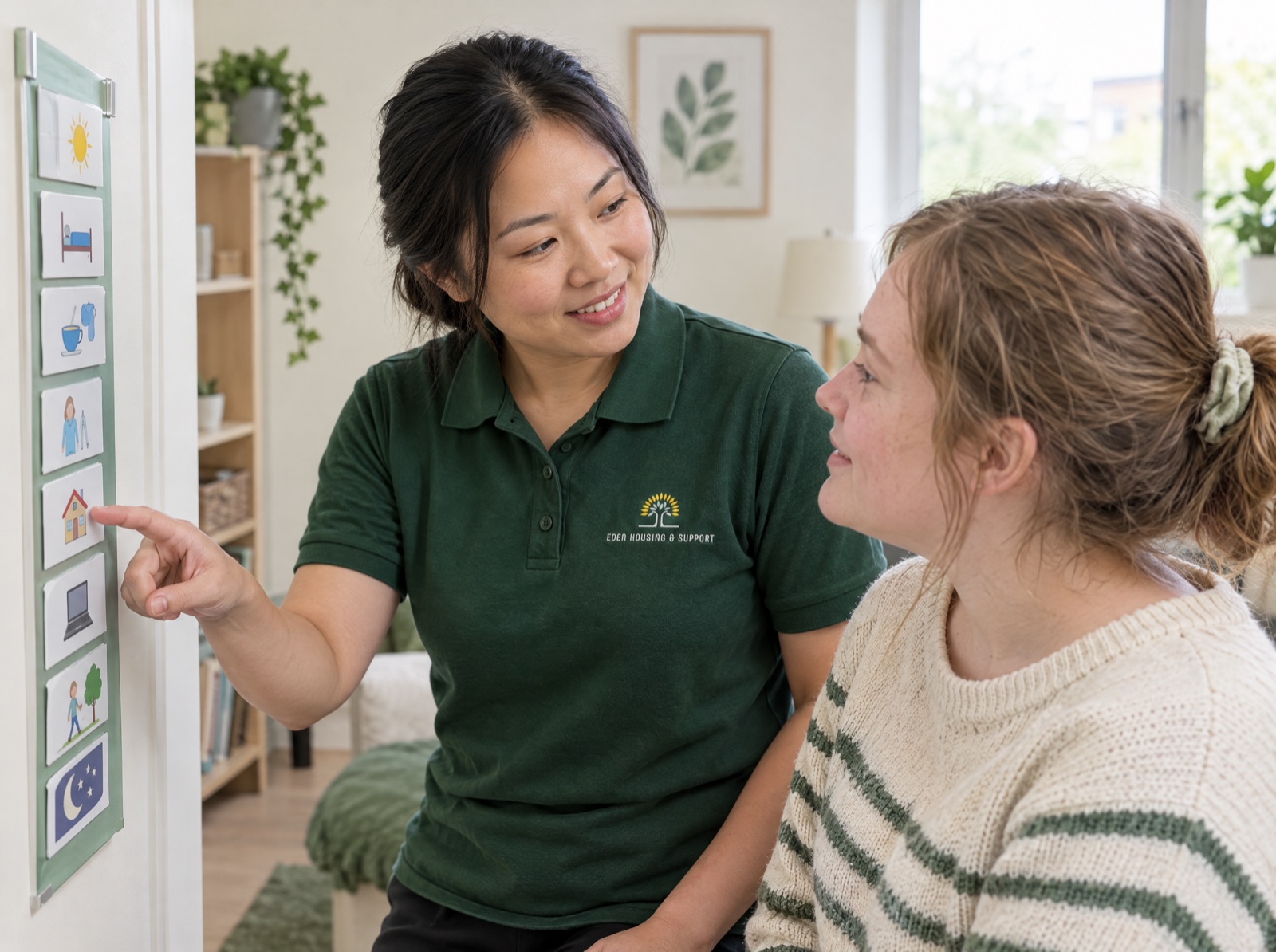 Eden support worker showing an autistic woman around her new supported living home in Shropshire