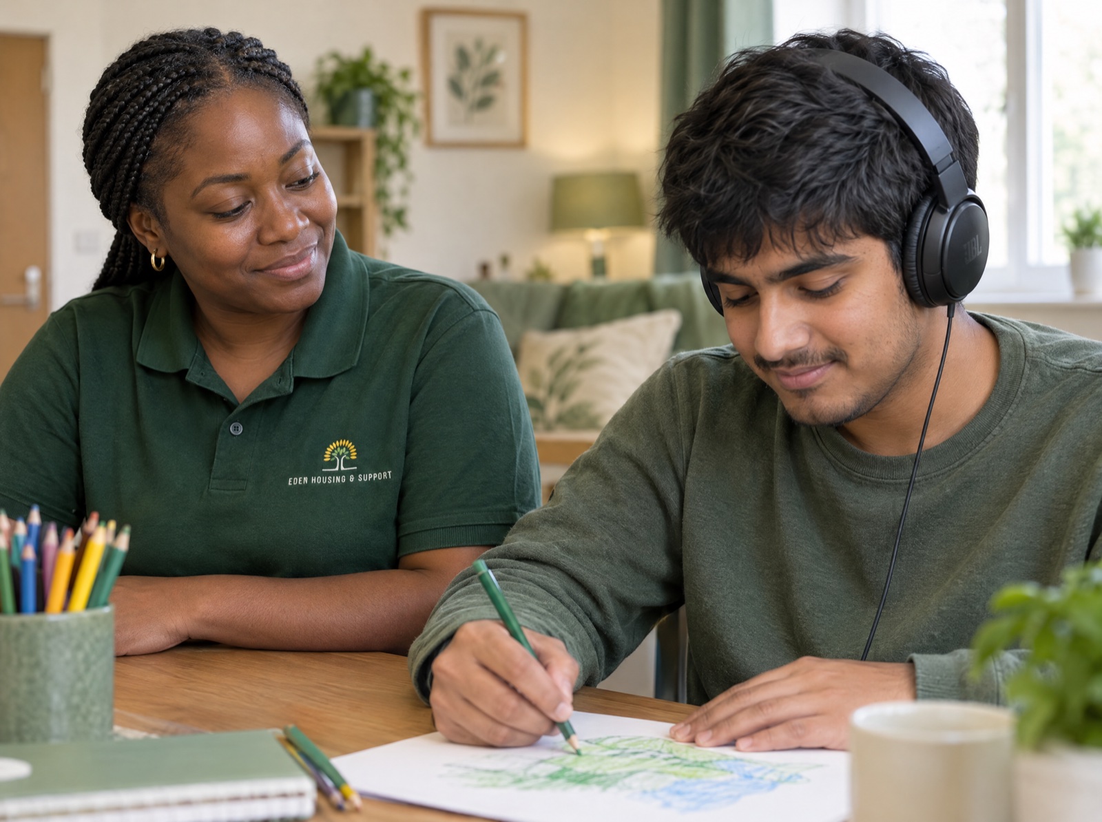 Eden support worker offering calm consistent support to an autistic man at home in Telford
