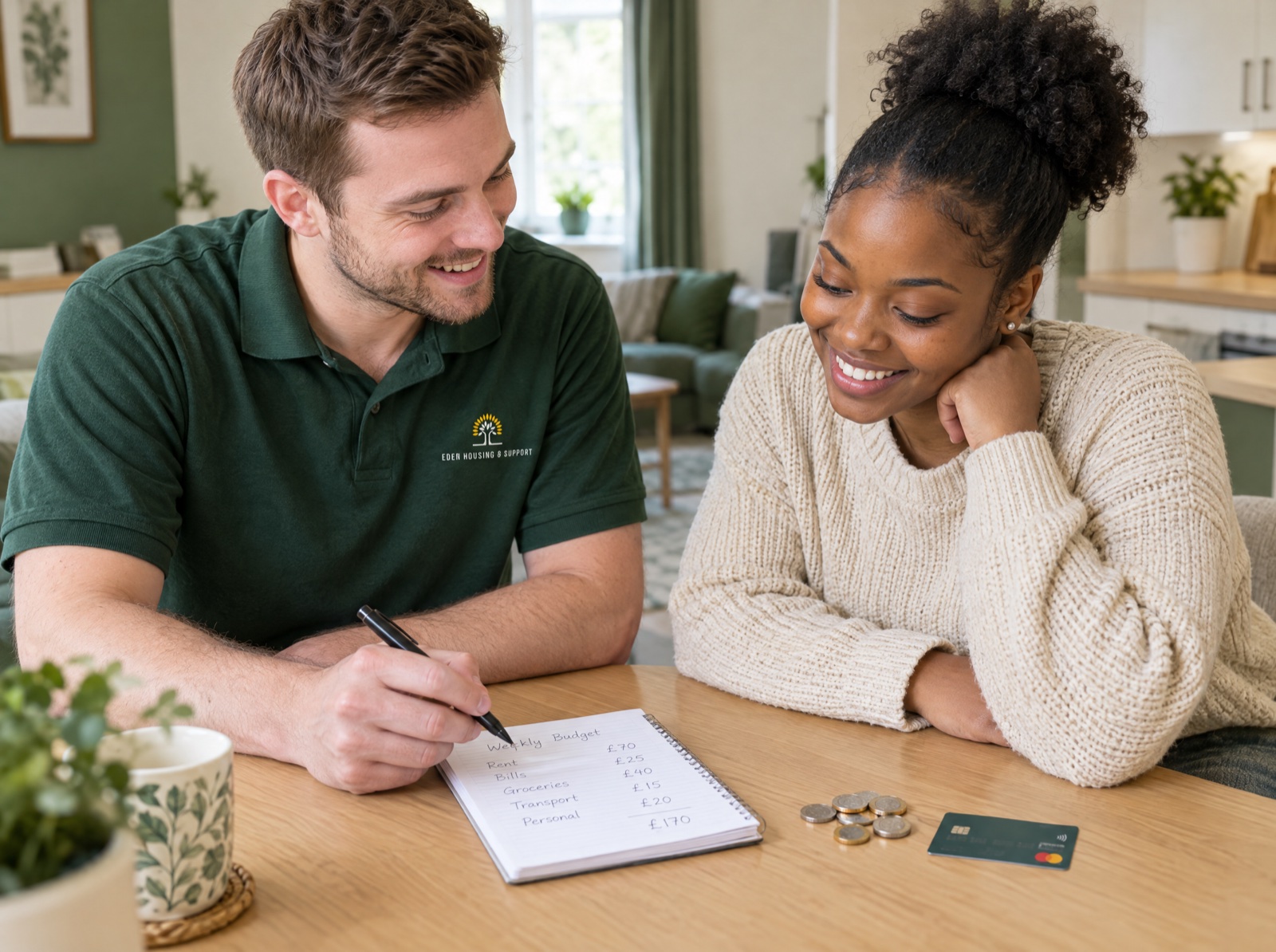 Eden support worker helping a young adult with budgeting in a supported living home in Shropshire