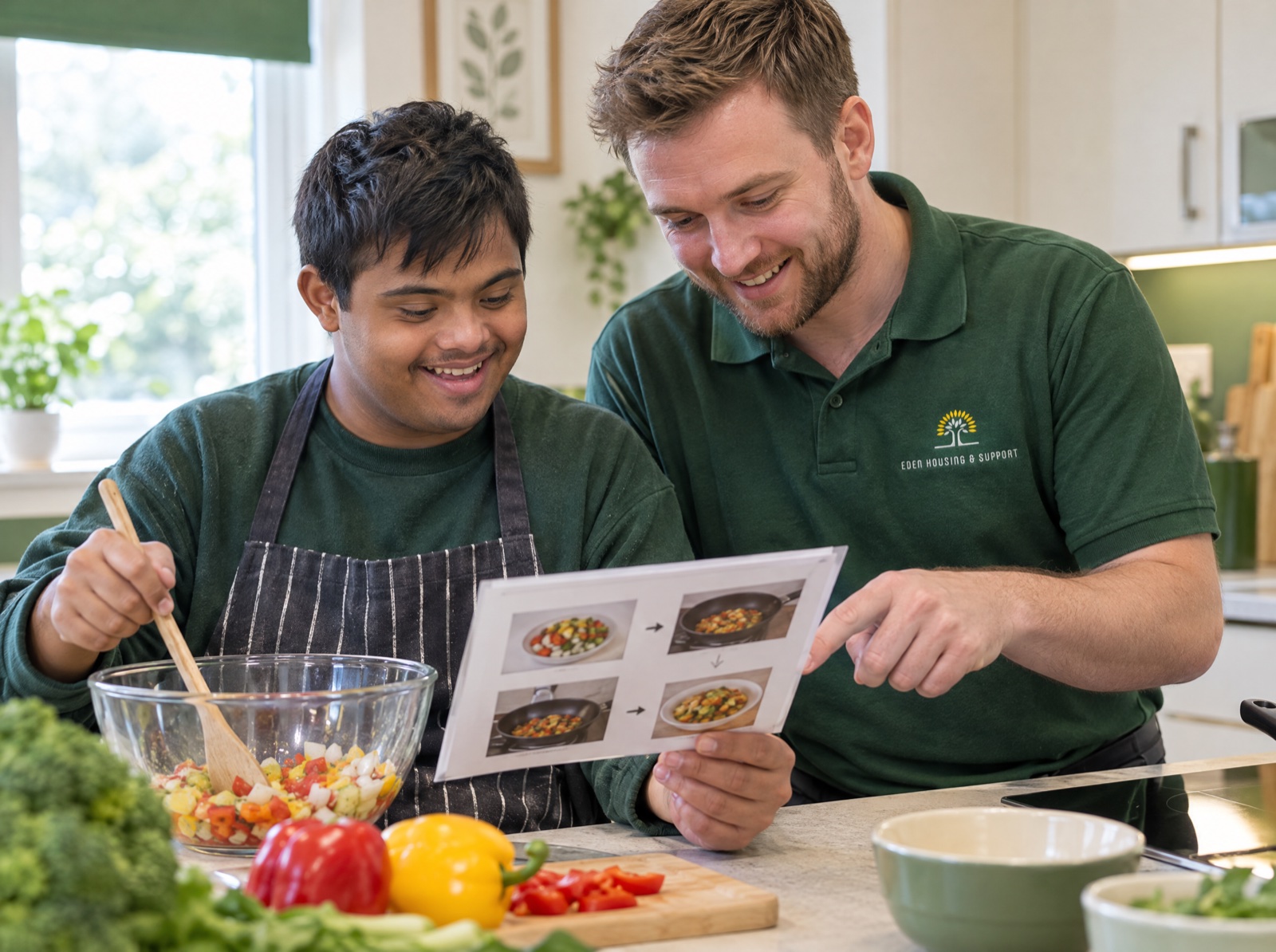 Eden support worker helping a young man cook a meal in supported living in Shropshire