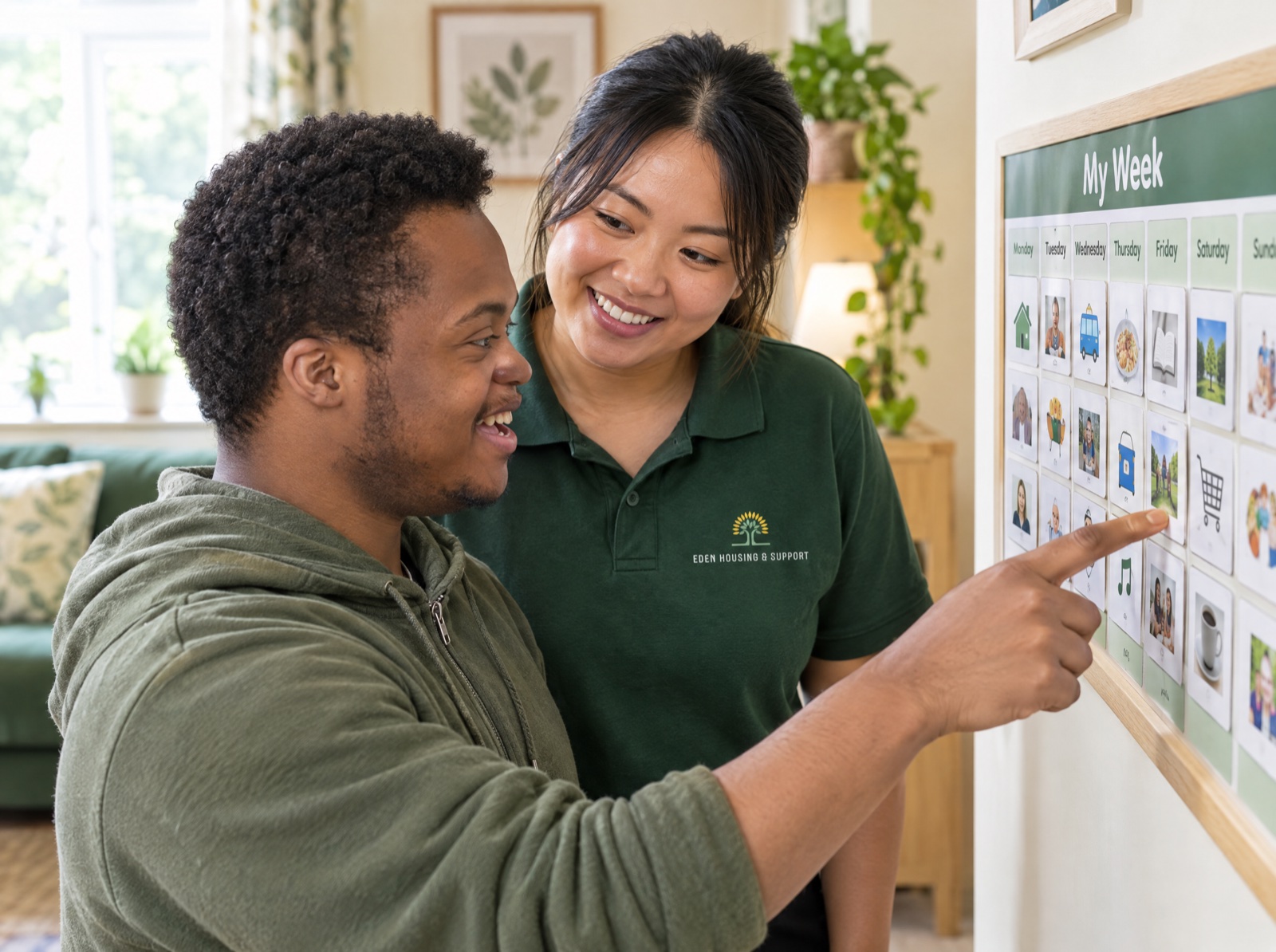 Eden support worker planning weekly activities with a young man in supported living in Telford