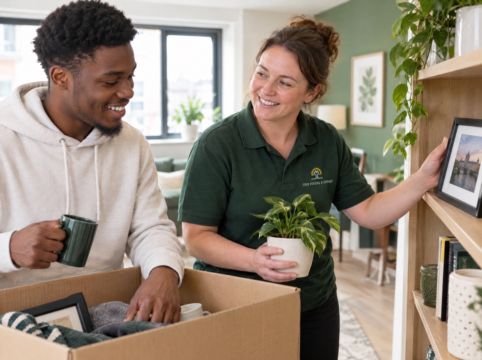 Eden support worker helping a young man settle into mental health supported living in Shropshire