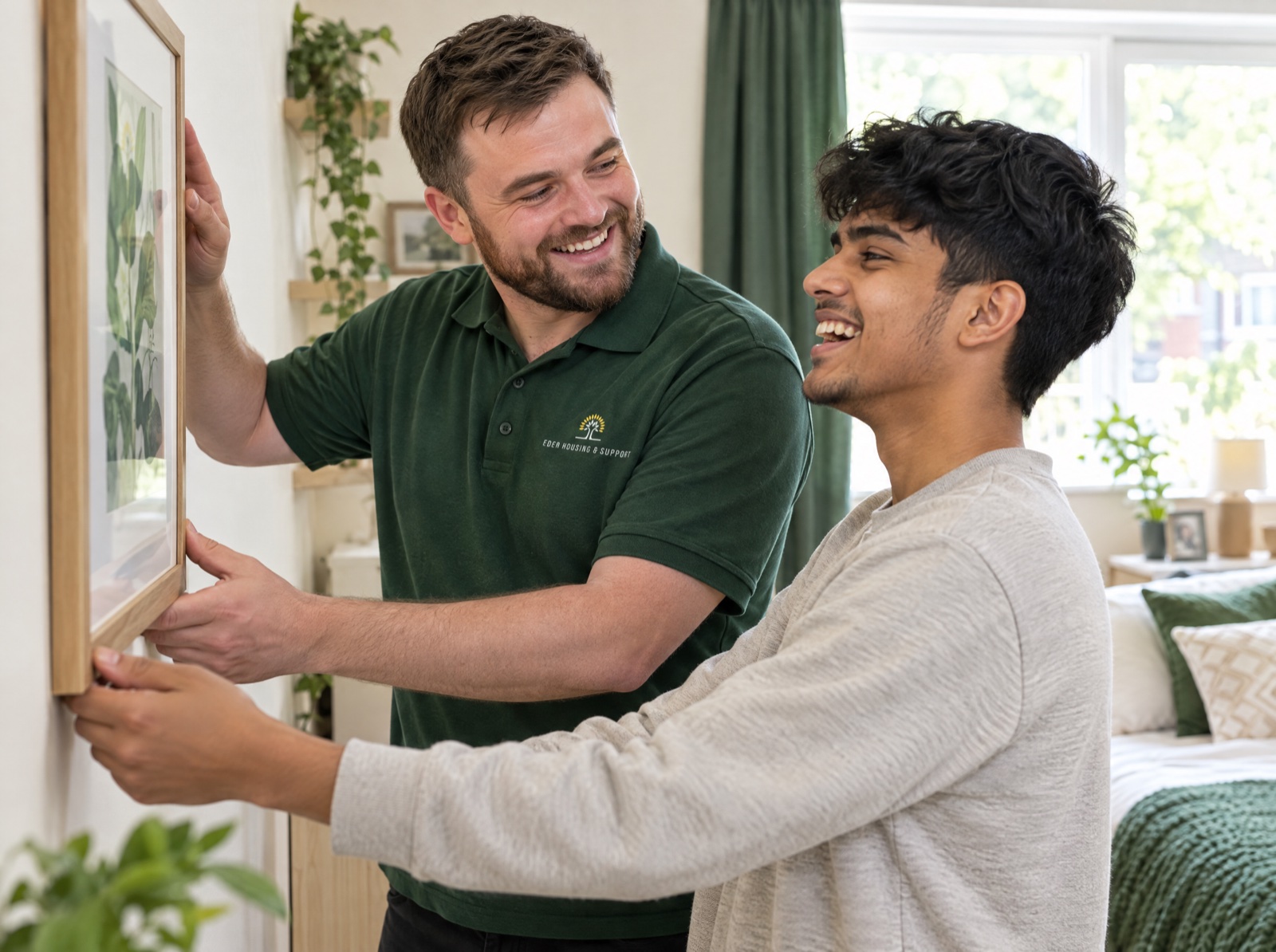 Eden support worker helping a young man settle into his new supported living home in Shropshire