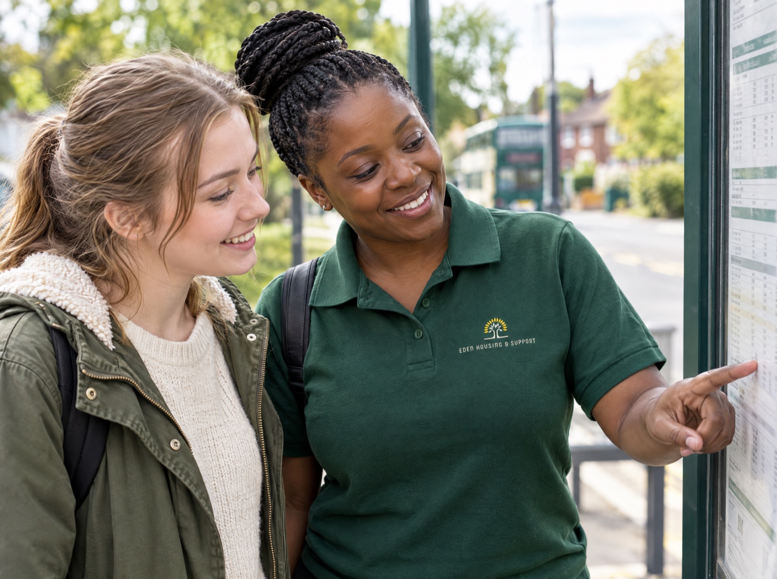 Eden support worker helping a young adult learn to travel independently in Telford
