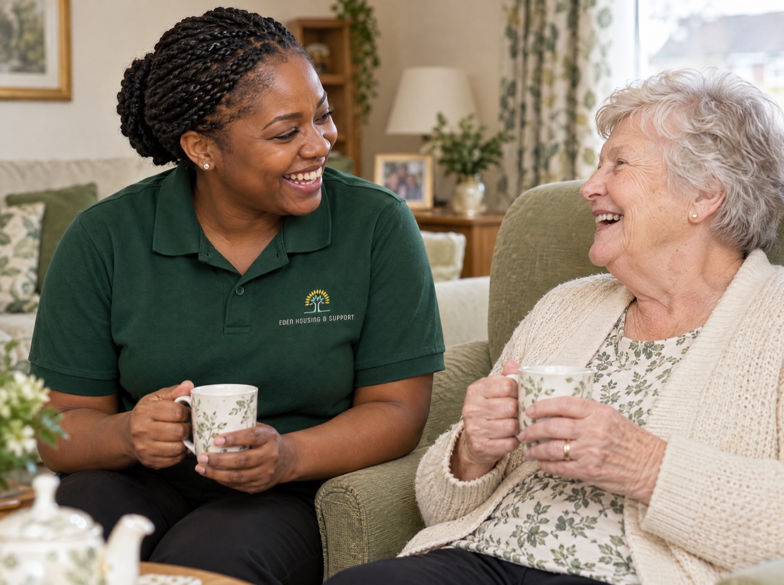 Eden carer enjoying a cup of tea with an older woman at home in Telford