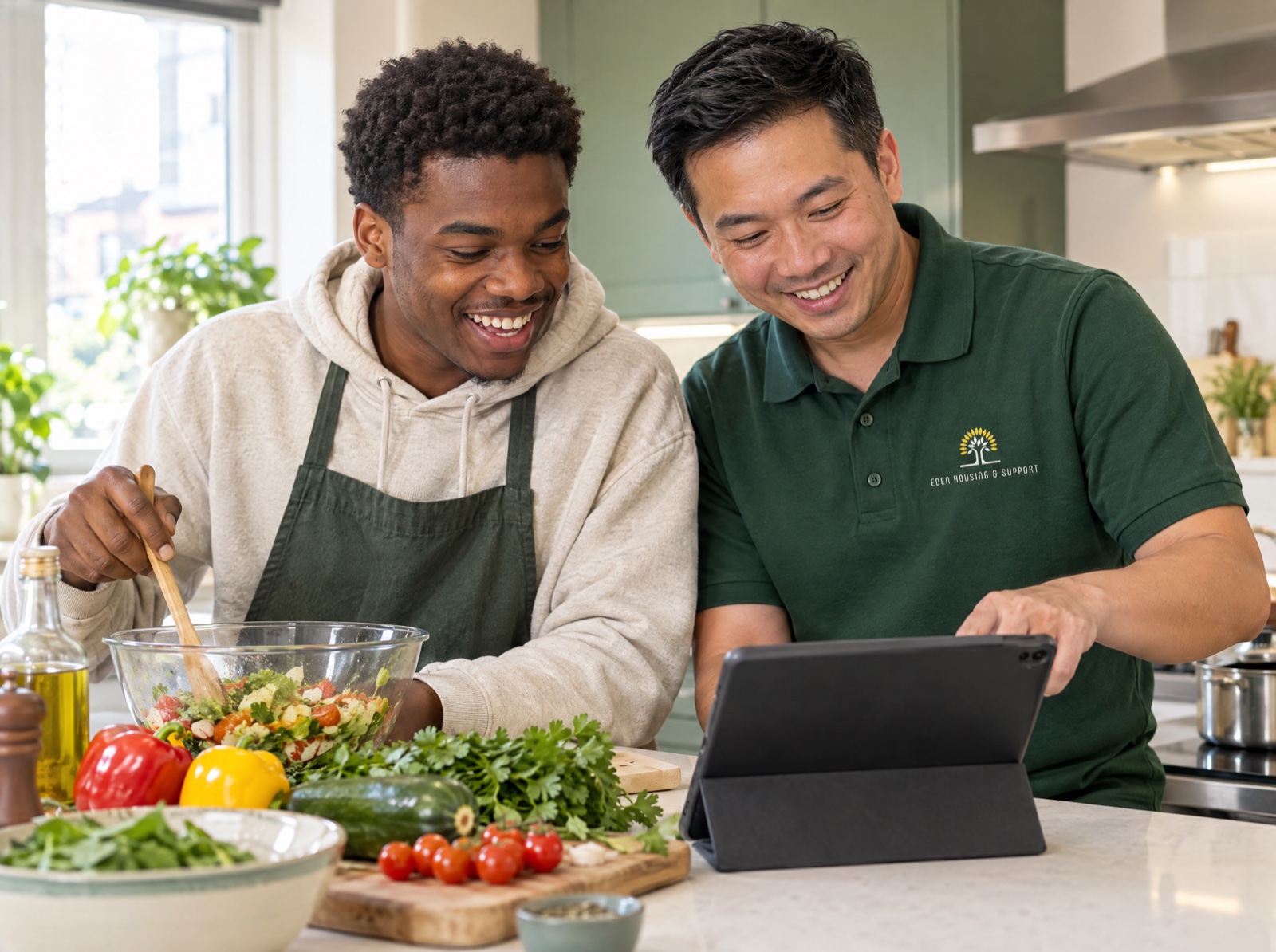 Eden support worker cooking with a young adult at home in Telford
